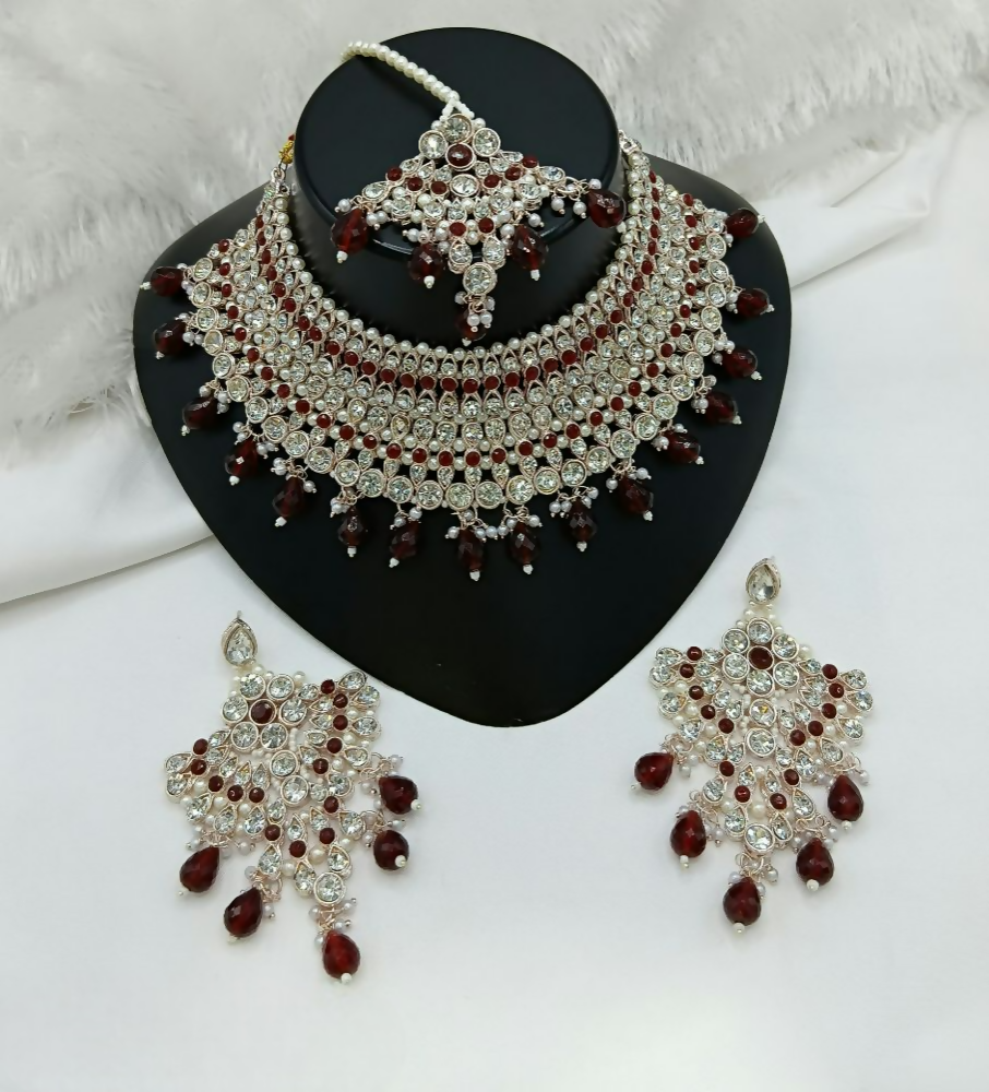Joban Fashion Maroon Color Stone Work Necklace Set