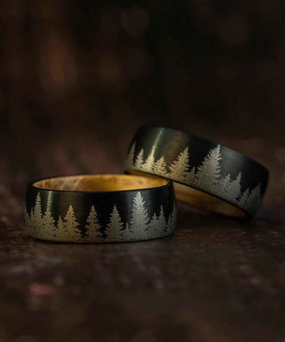 Pine Tree Forest Whiskey Barrel Tungsten Carbide Ring