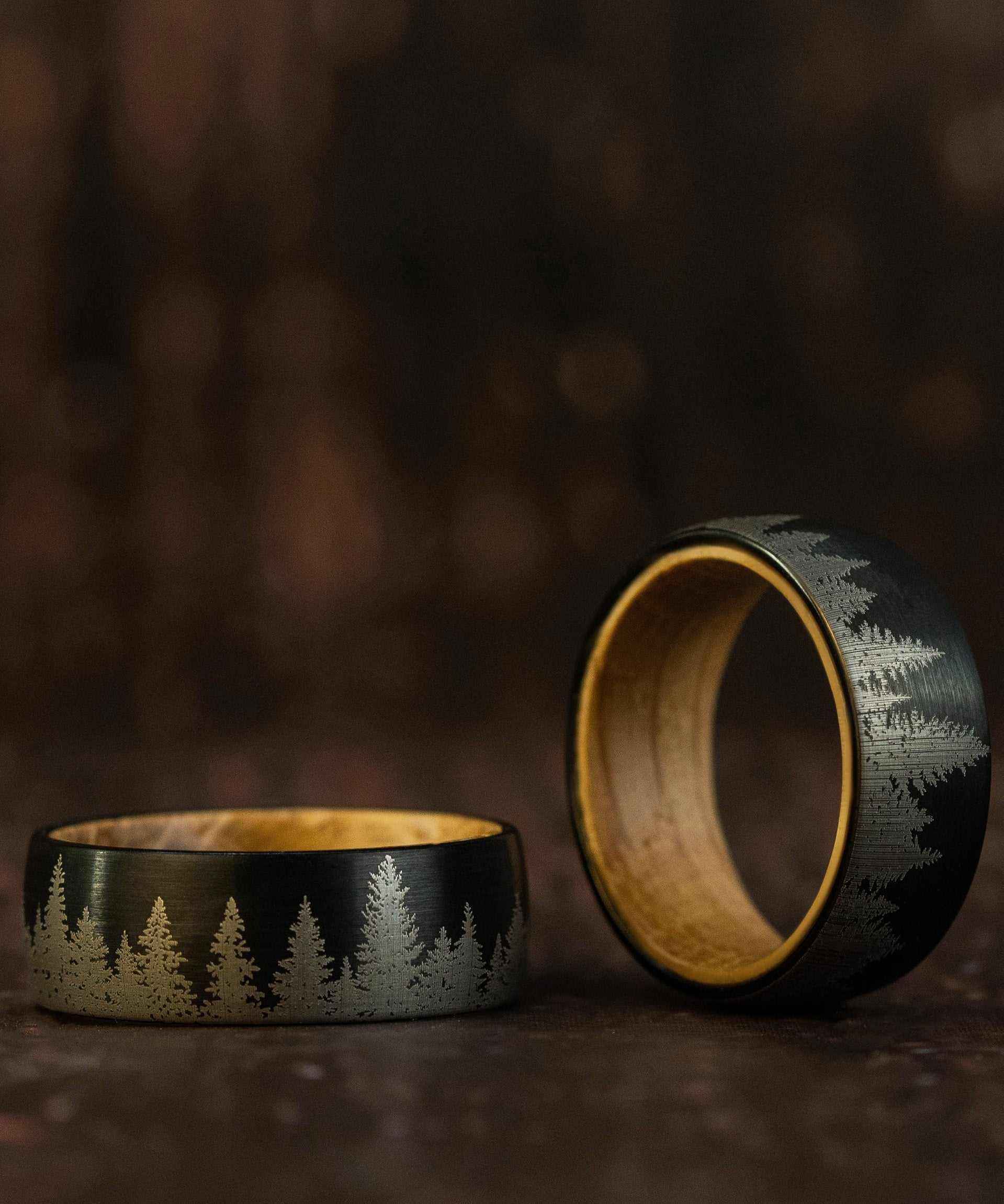 Pine Tree Forest Whiskey Barrel Tungsten Carbide Ring
