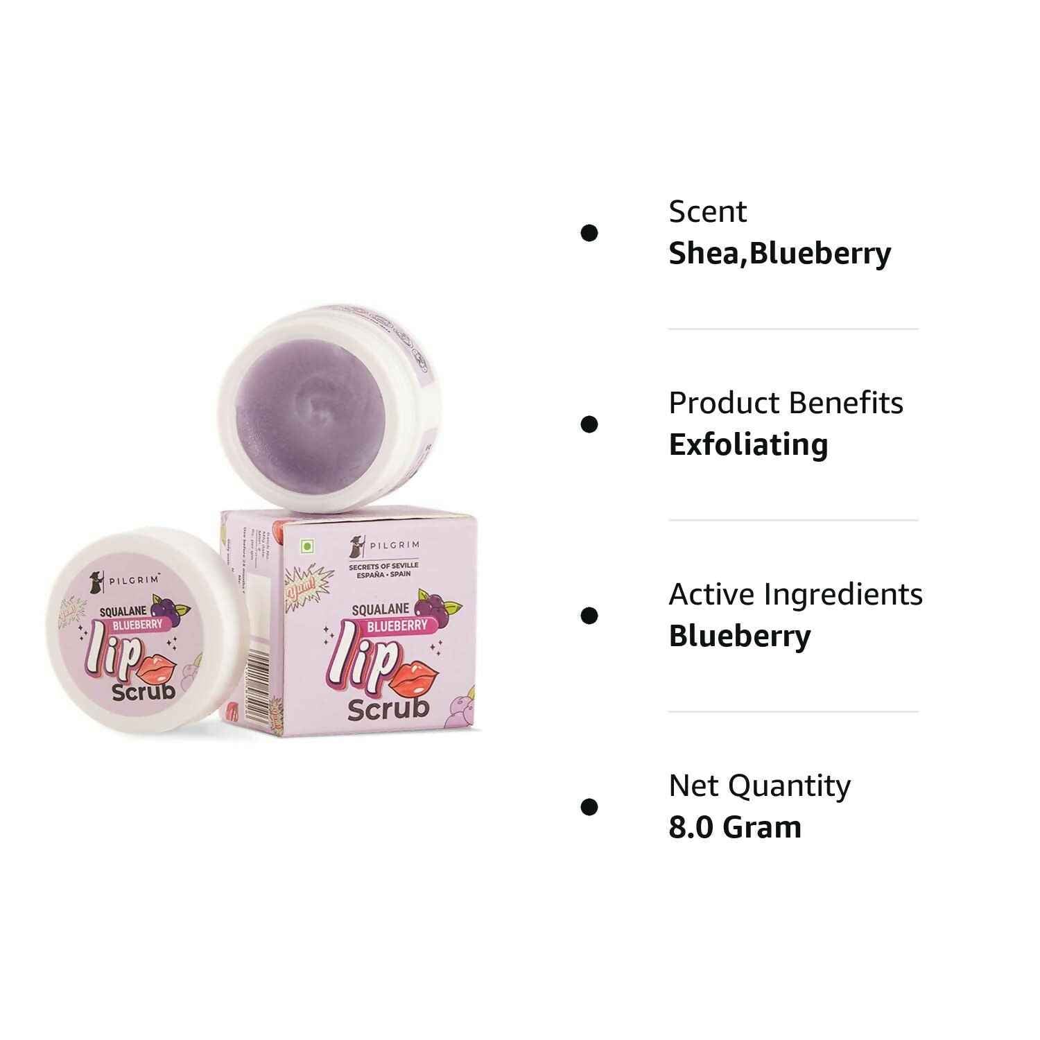 Pilgrim Spanish Lip Scrub (Blueberry) For Dark Lips, Gentle Exfoliation, Hydrated, Smooth &amp; Soft Lips