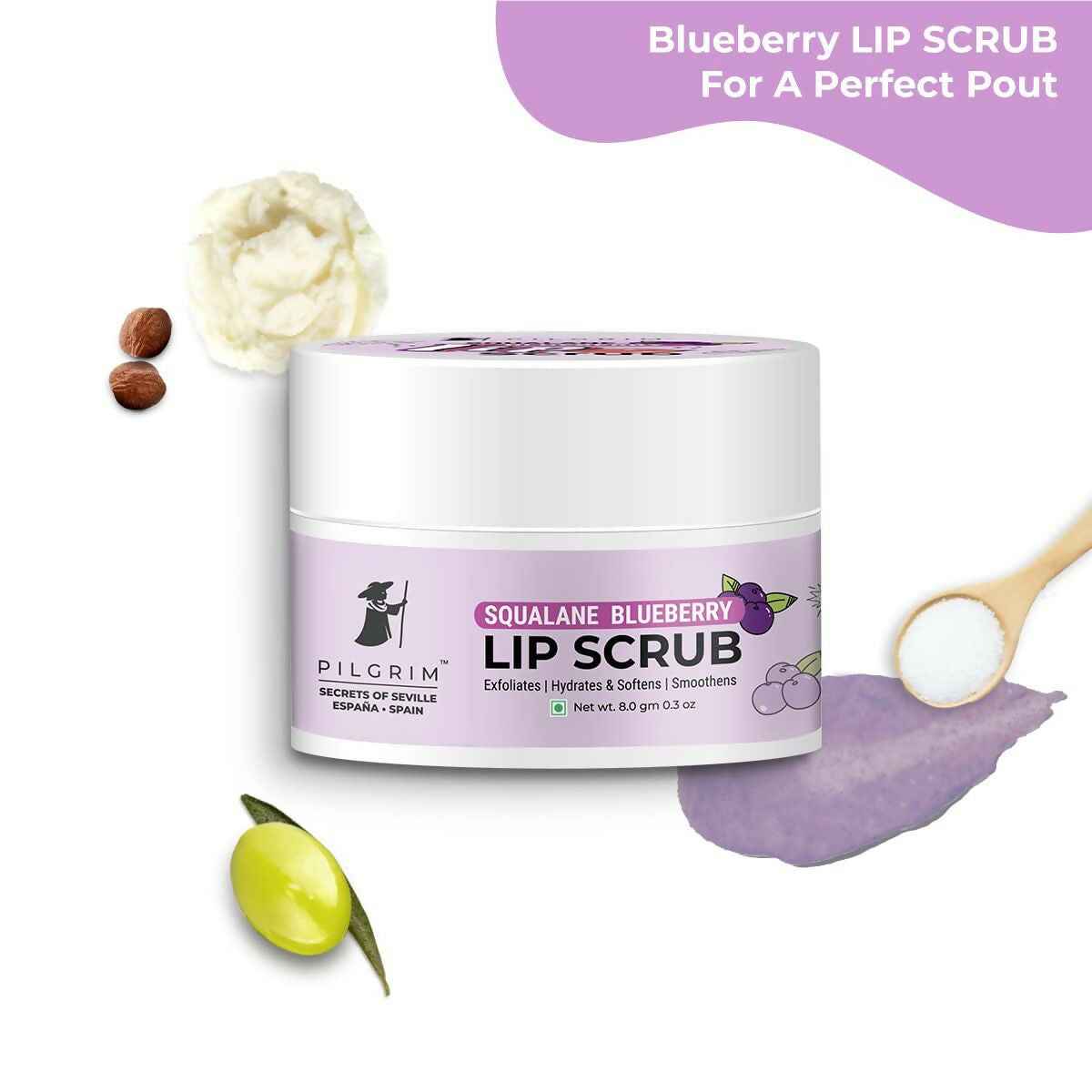 Pilgrim Spanish Lip Scrub (Blueberry) For Dark Lips, Gentle Exfoliation, Hydrated, Smooth &amp; Soft Lips