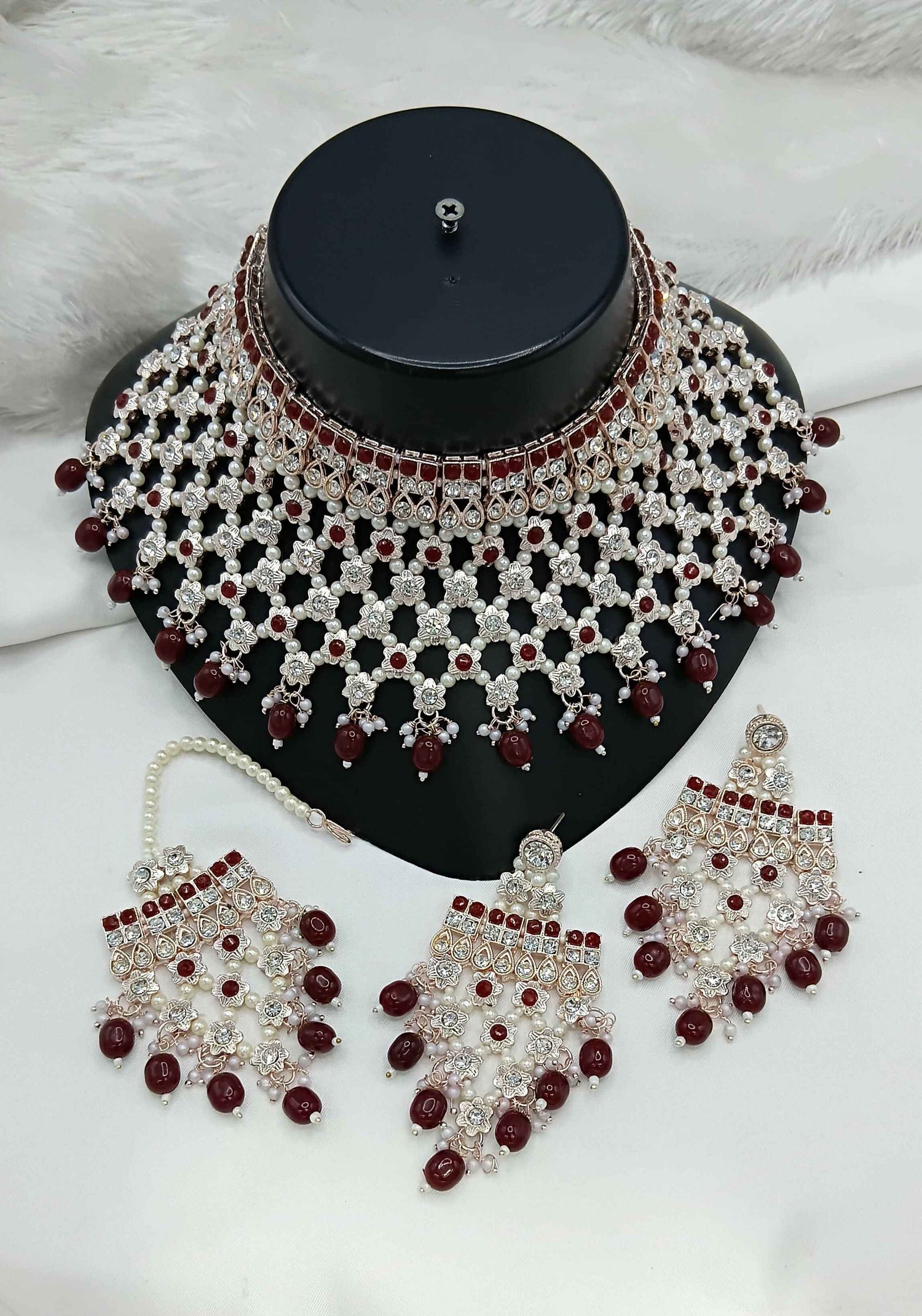 Joban Fashion Maroon Stone Work With Pearl Work Necklace Set