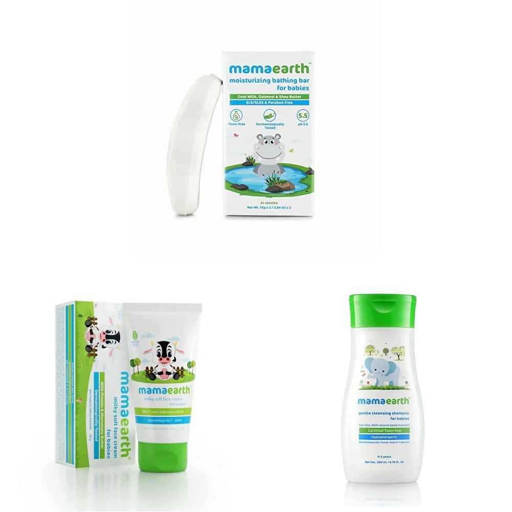 Mamaearth Moisturizing Baby Bathing Soap Bar &amp; Milky Soft Natural Baby Face Cream &amp; Gentle Cleansing Baby Shampoo