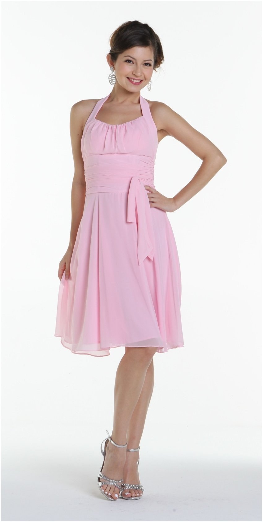 CLEARANCE - Halter Strap Yellow Chiffon Knee Length Dress With Bow (Size Small) by DiscountDressShop