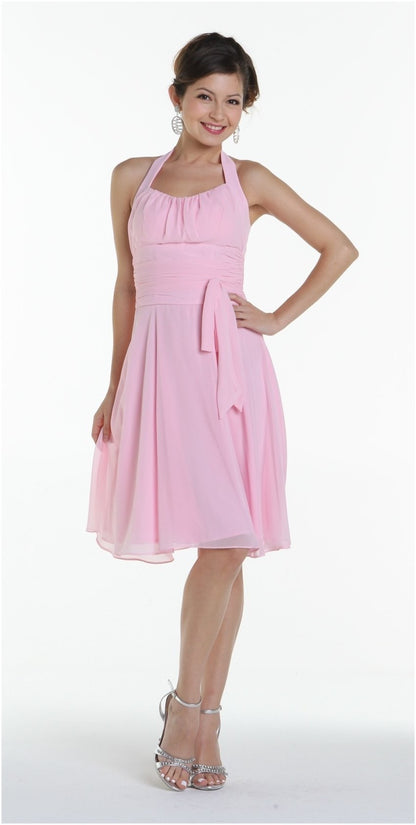CLEARANCE - Halter Strap Yellow Chiffon Knee Length Dress With Bow (Size Small) by DiscountDressShop