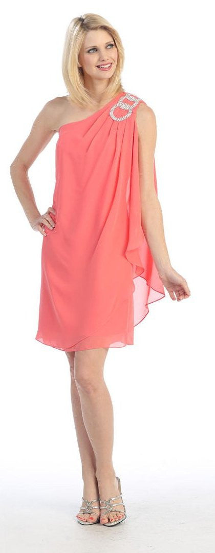 CLEARANCE - Eureka 1902 Layered One Shoulder Short Chiffon Coral Dress (Size M) by DiscountDressShop
