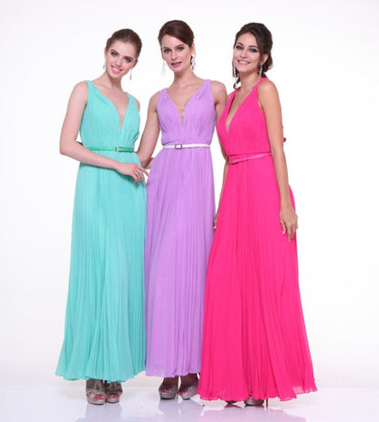Cinderella Divine 1499 Long Chiffon Pleated Sleeveless Dress With Belt by DiscountDressShop