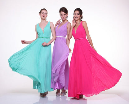 Cinderella Divine 1499 Long Chiffon Pleated Sleeveless Dress With Belt by DiscountDressShop