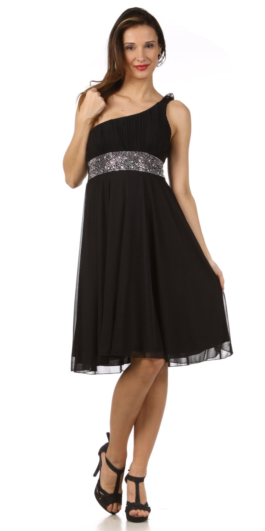 CLEARANCE - CELAVIE 2095S Black Knee Length Dress One Shoulder Includes Bolero Jacket (Size M) by DiscountDressShop