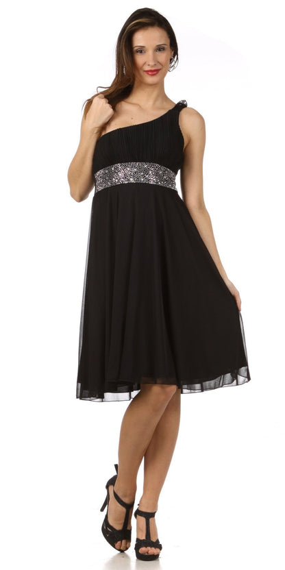 CLEARANCE - CELAVIE 2095S Black Knee Length Dress One Shoulder Includes Bolero Jacket (Size M) by DiscountDressShop