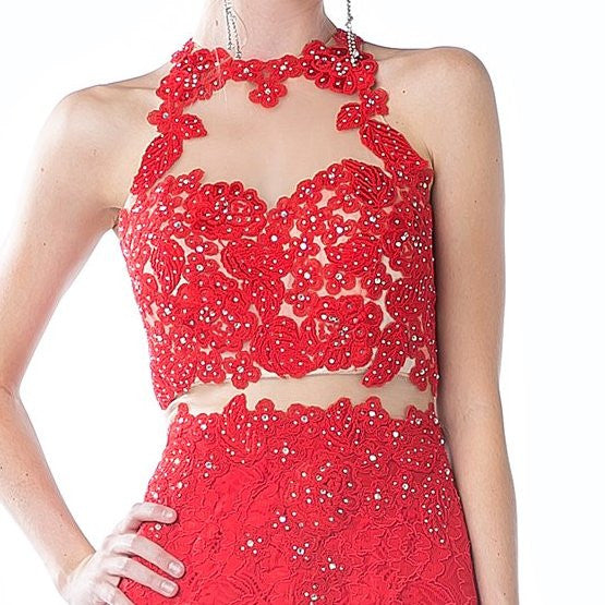 Cinderella Divine 1586 Halter Lace Appliques Mock Two-Piece Gown by DiscountDressShop