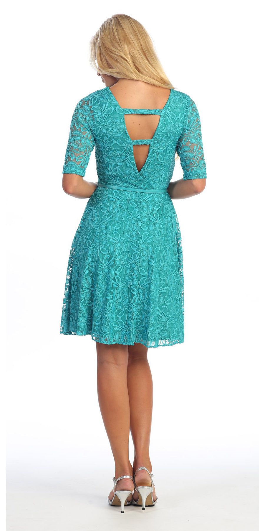CLEARANCE - Celavie 2367 Burgundy Short Lace Dress Mid Sleeves (Size S) by DiscountDressShop