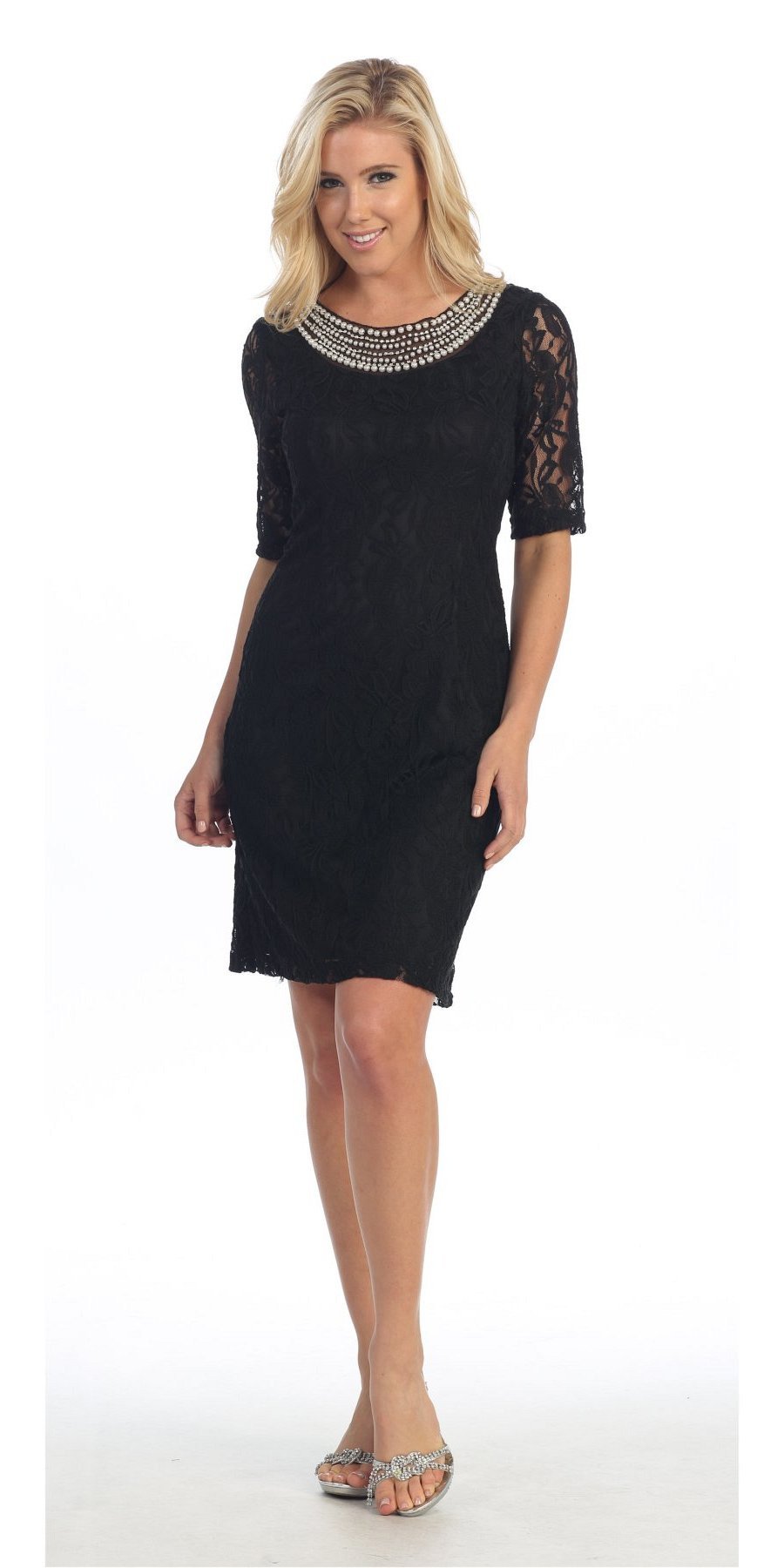 CLEARANCE - Modest Coral Knee Length Semi Formal Dress Short Sleeve Pearl Neck (Size XL, 3XL) by DiscountDressShop