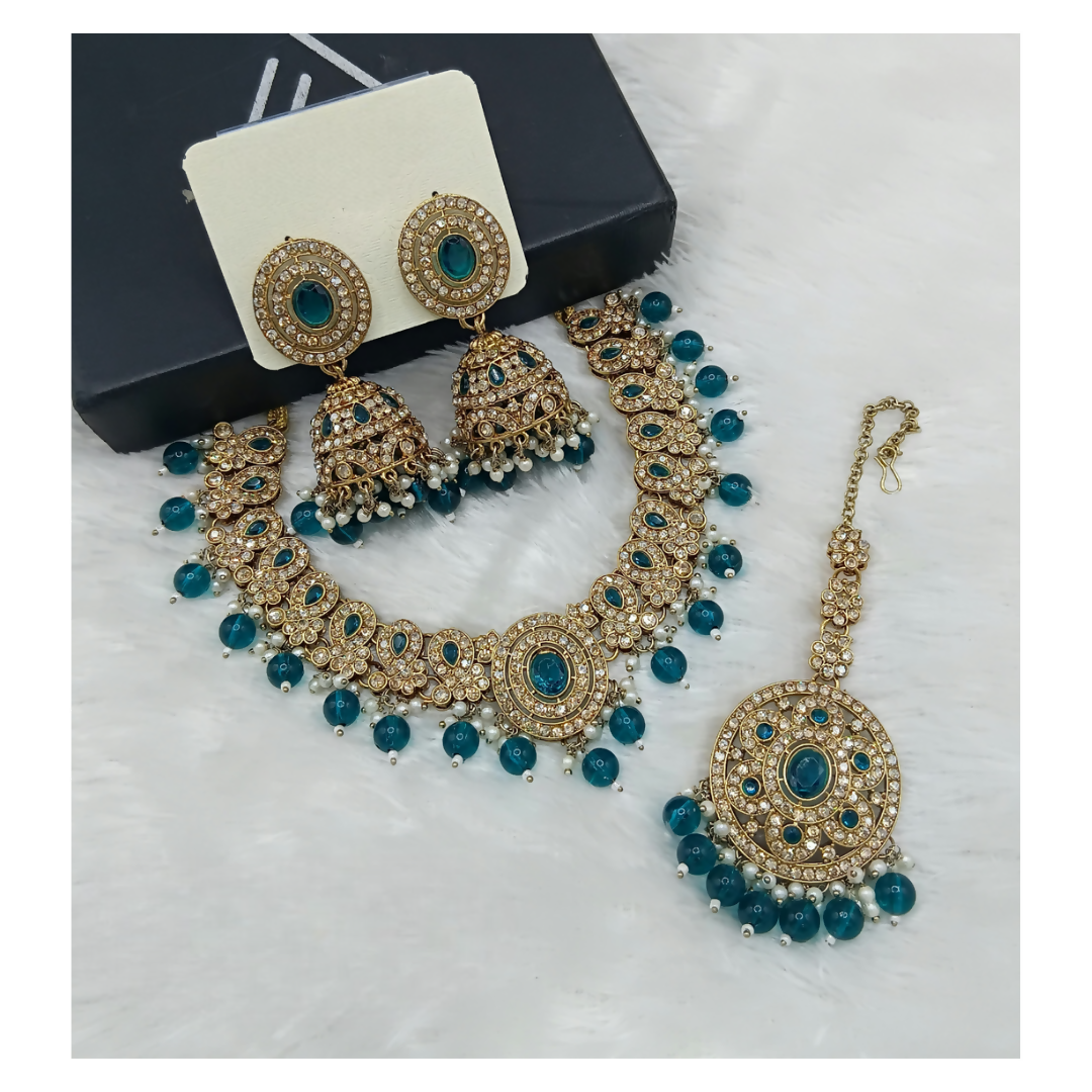 Joban Fashion Teal Blue Stone Work Necklace Set