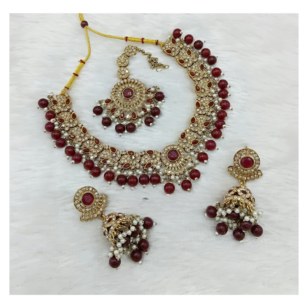 Joban Fashion Maroon Stone Work Necklace Set