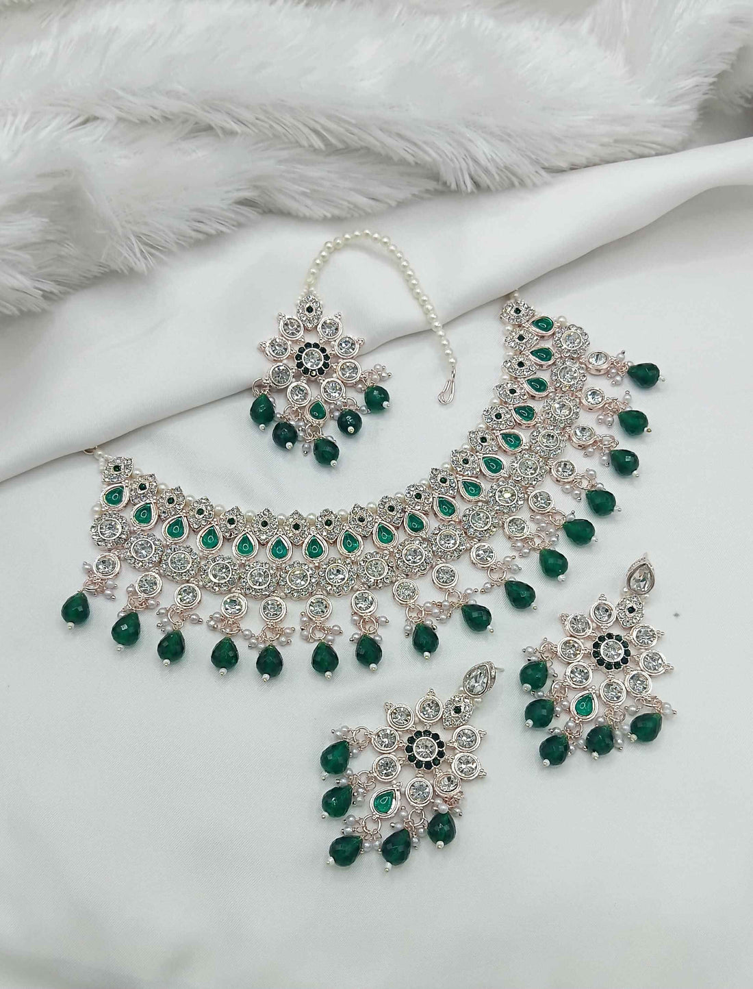 Joban Fashion Green Stone Work Necklace Set